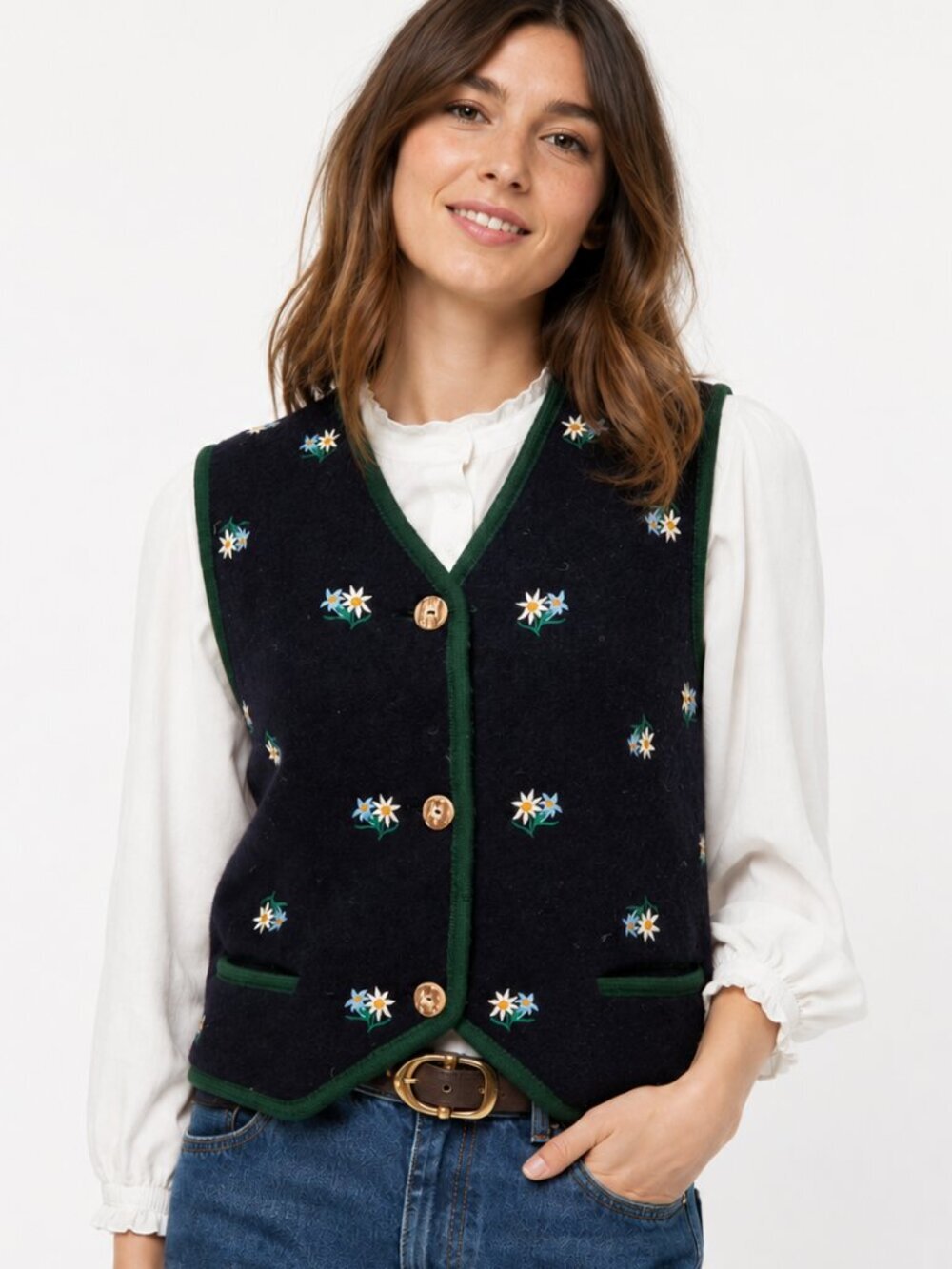 SONNWEND Austrian Wool Vest Edelweiss Blue S/M Vintage 80s